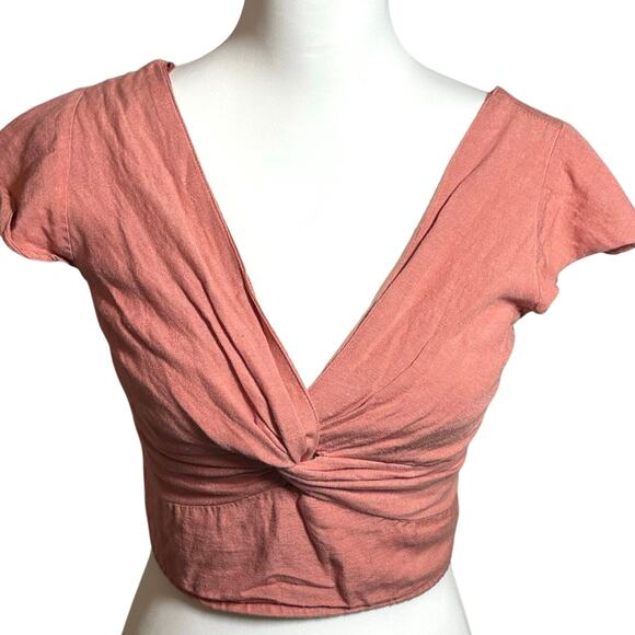 Japana Tops - Pink Twist Front Crop Top Boho Smocked Back Flutter Sleeve Medium